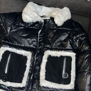 Black Puffer Jacket with White Faux Fur Trim